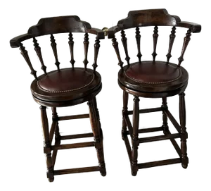 Pair of 1960’s Leather and Wood Counter Stools