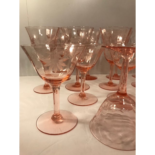 1930s Etched Pink Depression Glass Wine Glasses Stemware Set of 23