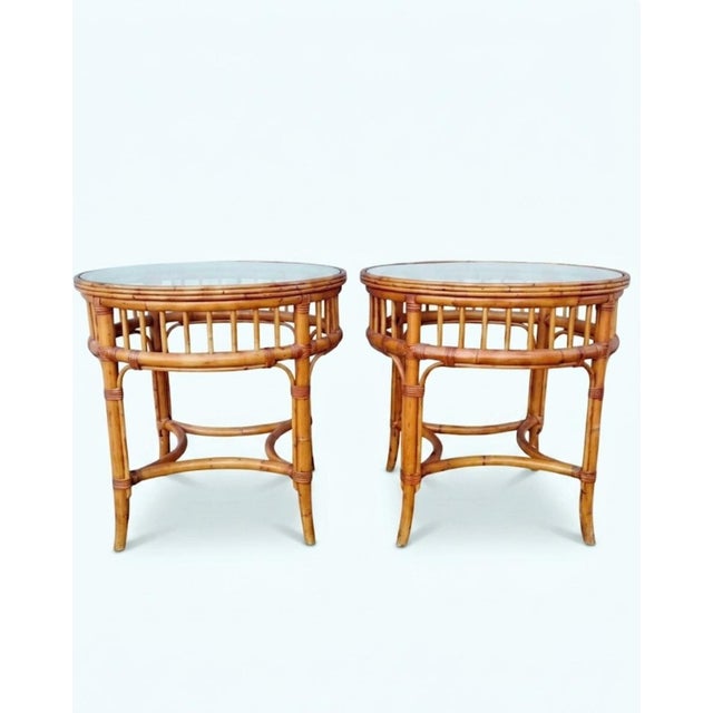 1990s Vintage Ethan Allen Large Chinese Chippendale Round Glass Wicker Top Side Tables- a Pair For Sale - Image 5 of 8