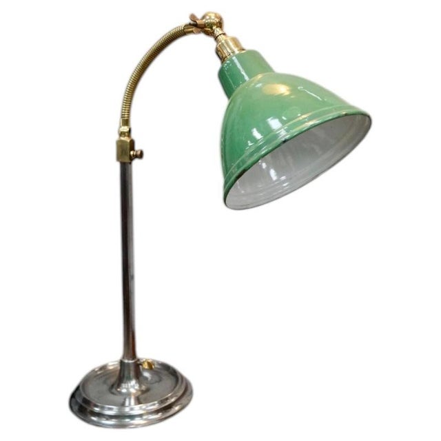Metal Antique Brass and Green Enamel Gooseneck Reading Lamp, 1920 For Sale - Image 7 of 7