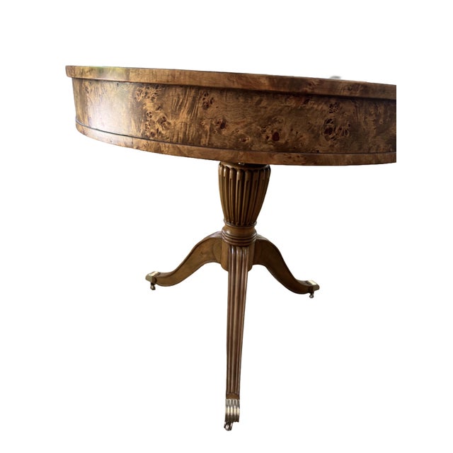 Original Retail $4113, The Jonathan Charles Transitional Burl Wood Fulgurite Drum Table features a striking burl wood...