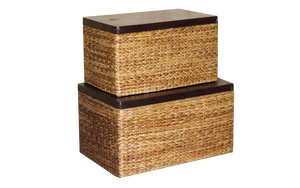Vintage Wicker Linen Storage Trunks Seats with Wood Tops, Set of 2