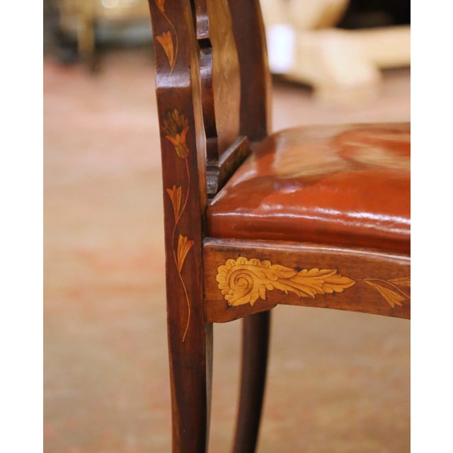 19th C. Dutch Baroque Walnut Inlaid Dining Chairs With Leather Seats, Set of 10 For Sale - Image 10 of 12