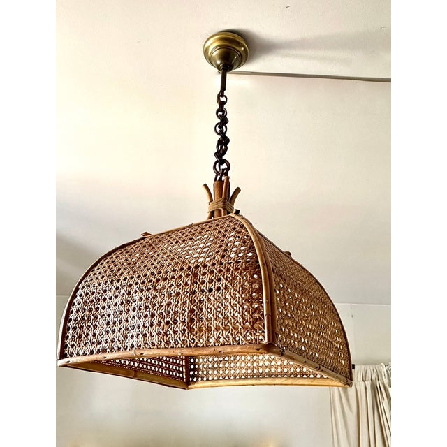 Wood Rattan Cane Pendant Light, 1970s For Sale - Image 7 of 9