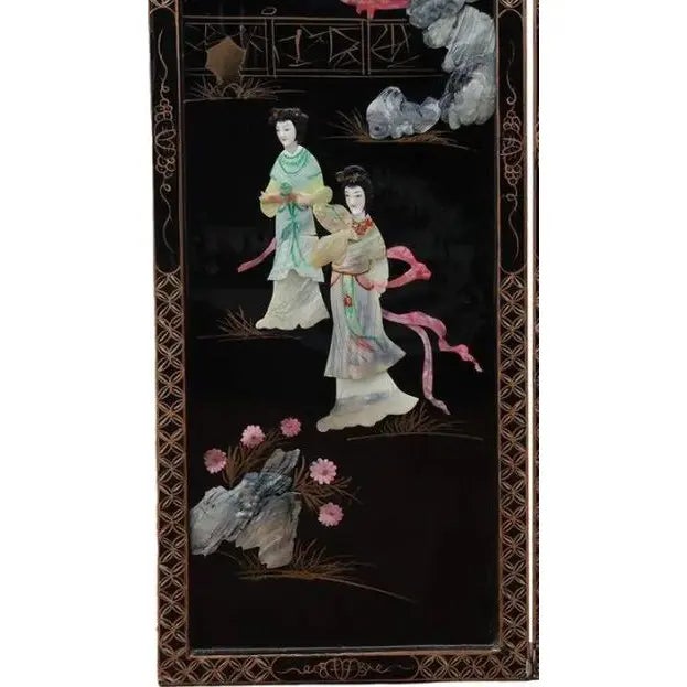Metal Antique Mid-Century Chinese Black Lacquer Wall Panels: Set of 4 With Raised Hardstone and Mother-of-Pearl Inlay For Sale - Image 7 of 16