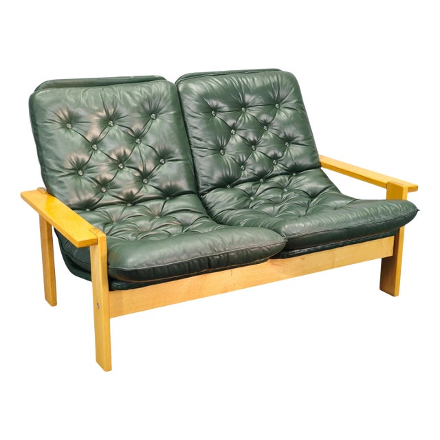 Mid-Century Modern Green Leather Two-Seat Sofa, Czechoslovakia, 1970s For Sale