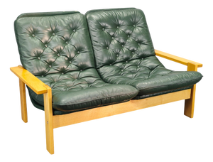 Mid-Century Modern Green Leather Two-Seat Sofa, Czechoslovakia, 1970s
