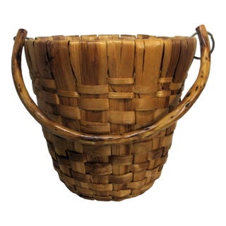 Vintage Wood Slat Basket + Bent Wood Stick Handle For Sale