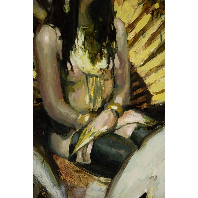Figurative Siren in Green Gold by Nadezda | Oil on panel of a woman seated with a fan backdrop For Sale - Image 3 of 5
