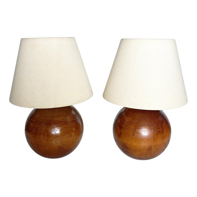 Round Wooden Table Lamps with Lampshades, France, 1970s, Set of 2 For Sale