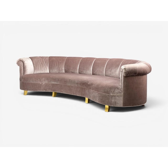 Haute House for Neiman Marcus, Large Audrey Channel Sofa, Purple Fabric, Giltwood, 21st c. This monumental sofa is...
