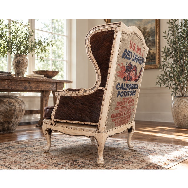 One-of-a-Kind Cowhide & Vintage Feed Sack Wingback Chair For Sale - Image 4 of 7