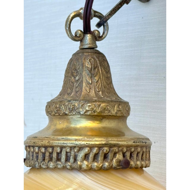 Gold Vintage Murano Style Very Large Oval Shaped Blown Glass Pendant With “Onyx” Glass Swirl Golden Coloration and Brass Fittings For Sale - Image 8 of 12