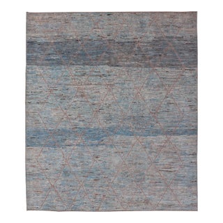 Modern Tribal Rug in Wool With Sub-Geometric Design in Blue Tan & Ivory For Sale