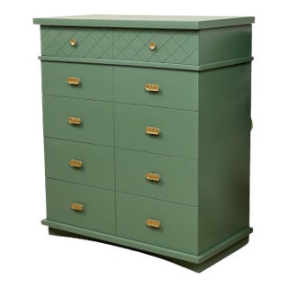 Olive Green Mid-Century Highboy Dresser With Diamond Detail and Sculptural Pulls by Kent Coffey For Sale