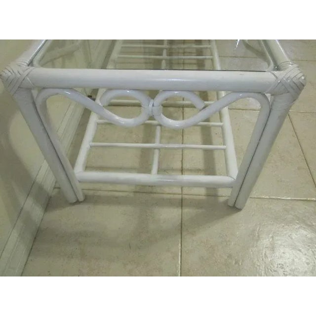 1980s Coastal Bamboo Rattan White Coffee Table With Two End Table Glass Top Set of 3 For Sale - Image 5 of 12
