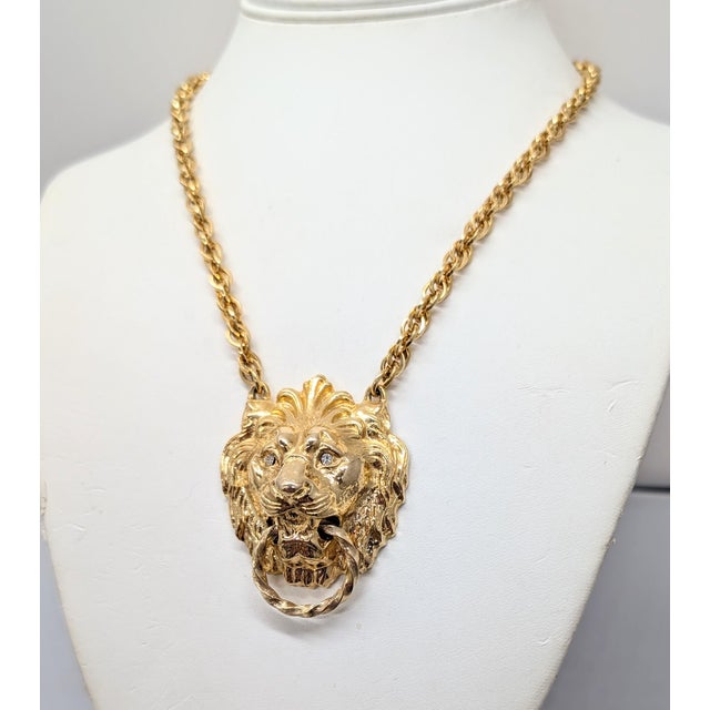 Mid-Century Modern Vintage 1970s Signed Accessocraft Goldtone Lion Doorknocker With Rhinestone Eyes Pendant Necklace For Sale - Image 3 of 9