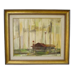 Vintage Jan Evans Oil Painting on Mason Board in Gilt Gesso Frame