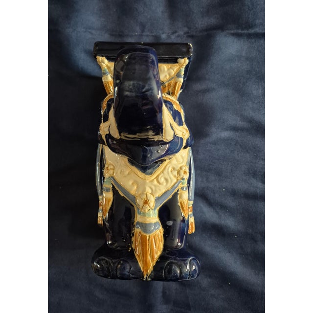 Vintage Mid-Century Blue & Cream Glazed Ceramic Elephant Plant Stand / Pedestal For Sale - Image 4 of 8