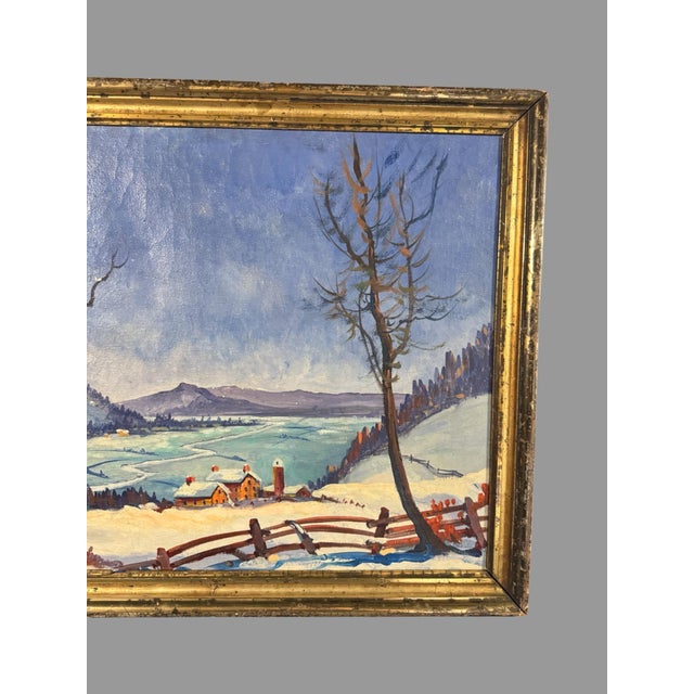 Mid 20th Century Country Gilt Framed Snowy Landscape Oil Painting Canvas Signed For Sale - Image 9 of 12