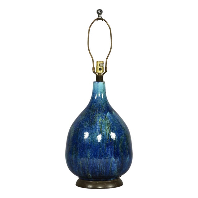 1960s Mid-Century Modern Italian Blue and Teal Drip Glaze Large Ceramic Table Lamp For Sale