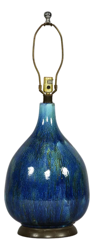 1960s Mid-Century Modern Italian Blue and Teal Drip Glaze Large Ceramic Table Lamp