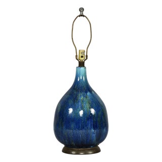 Mid-Century Modern Italian Blue and Teal Drip Glaze Large Ceramic Table Lamp For Sale