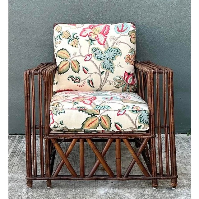 Schumacher Vintage Stick Rattan Lounge Chair in Vintage Schumacher Paisley For Sale - Image 4 of 12