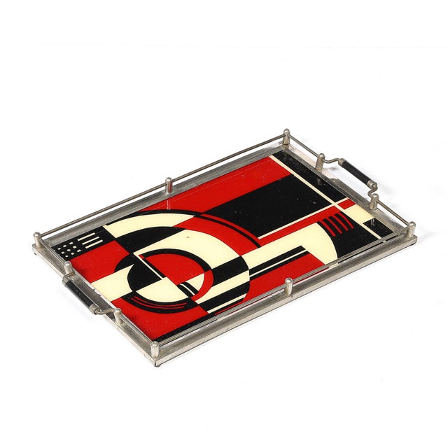 Art Deco Documented Art Deco Spiral Cubist Eglomise White, Cream & Black Detailed Tray For Sale - Image 3 of 10