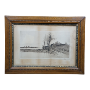 Antique Edward Loyal Field Signed Marsh Brook Cottage Landscape Etching 36"