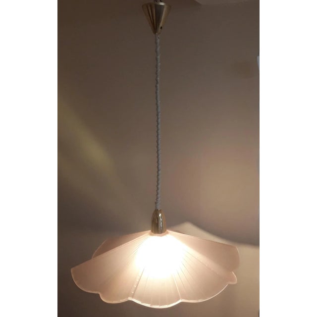 Vintage Ceiling Lamp with Pink-Tinted Relief Glass Shade on Brass Mount, 1970s For Sale - Image 3 of 7