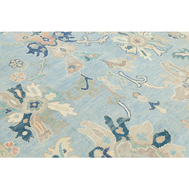 Modern Hand-Knot Oushak Style Light Blue & Soft Earth Tone Floral Wool Area Rug For Sale - Image 11 of 12
