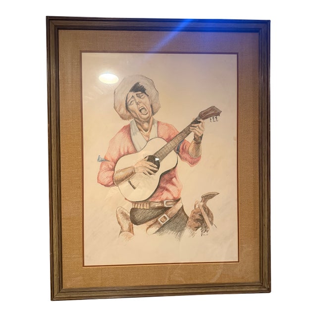 1980s Impressionist Original Drawing of Old Guitar Man Signed 1987 For Sale