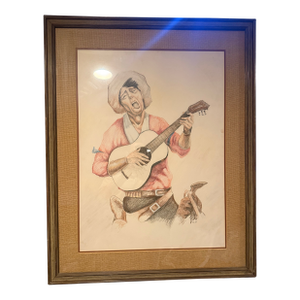 1980s Impressionist Original Drawing of Old Guitar Man Signed 1987