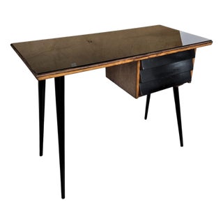Mid-Century Italian Art Deco Style Walnut Burl Writing Desk with Glass Top by Paolo Buffa, 1950s For Sale
