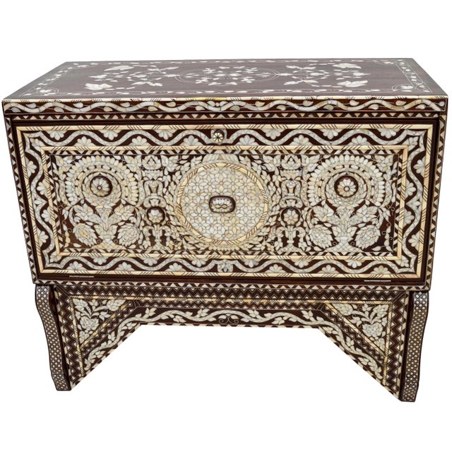 Gothic Vintage Hand-Carved Mother-Of-Pearl Inlaid Console Table & Mirror Set For Sale - Image 3 of 13