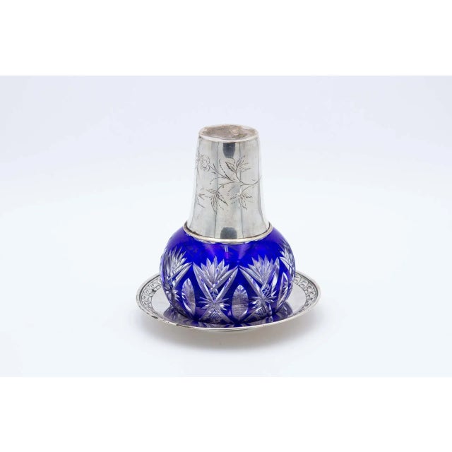 Silver and Cut Glass Night Bottle & Coaster with Flower Engravings, Set of 2 For Sale - Image 5 of 5