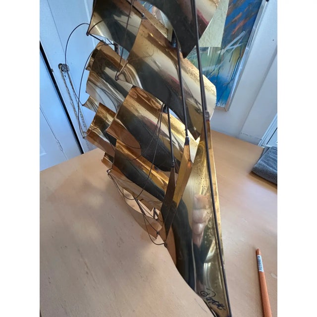 Brass Vintage Modernist John DeMott Brass Sailing Ship Wall Sculpture, Signed, Original Label For Sale - Image 8 of 8