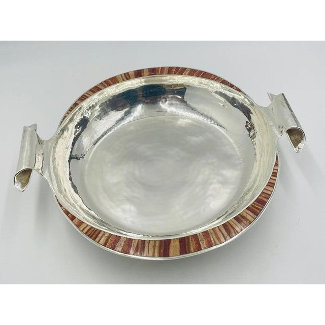 Mexican 1980s Large Emilia Castillo Silver-Plate & Jasper Inlay Serving Bowl, Mexican Silver For Sale - Image 3 of 18