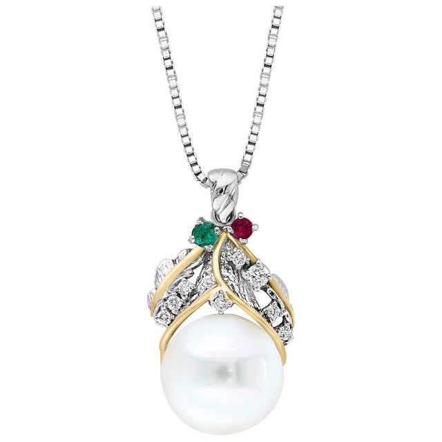 14mm South Sea Cultured Pearl & Diamond 18 K Gold Two Tone Pendant + Chain 14 KG For Sale - Image 15 of 18
