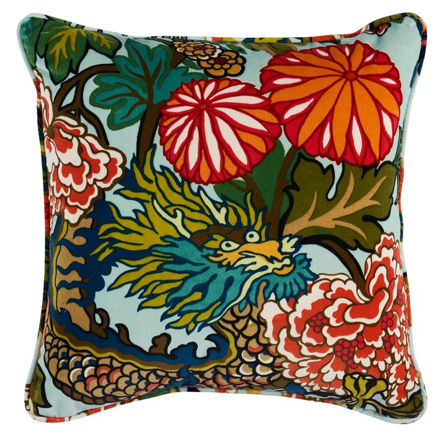 Schumacher Schumacher Chiang Mai Dragon Velvet 18" Pillow in Aquamarine For Sale - Image 4 of 4