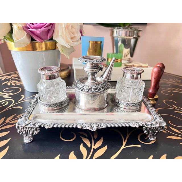 Set of 4, Antique silverplate inkwell stand with crystal diamond cut inkwells // pen and ink // desk accessory // silver on copper For Sale In Kansas City - Image 6 of 15