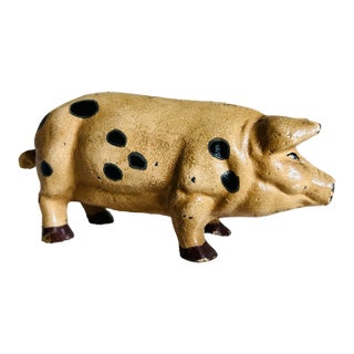 Antique Hand Painted Cast Iron Pig Figurine For Sale