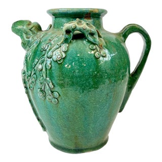 19th Century Green Ceramic Wine Jug With Handle For Sale