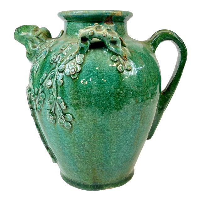 19th Century Green Ceramic Wine Jug With Handle For Sale
