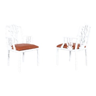 Vintage Hollywood Regency White Lacquered and Leather Armchairs, 1950s For Sale
