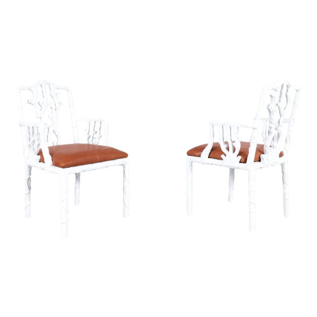 Vintage Hollywood Regency White Lacquered and Leather Armchairs, 1950s For Sale