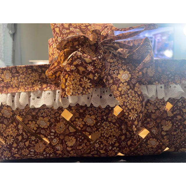Brown Vintage Rustic Woven Wood Basket With Floral Fabric Trim For Sale - Image 8 of 9