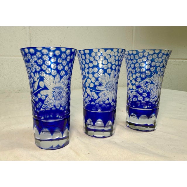 Boho Chic Vintage Elaborate Cut to Clear Crystal Glass Czech Cobalt Blue Shot Glasses - Set of 3 For Sale - Image 3 of 11