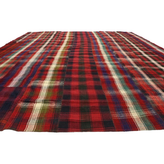 English Vintage Kilim Tartan Plaid Rug - 12'11 x 15'02 For Sale - Image 3 of 9